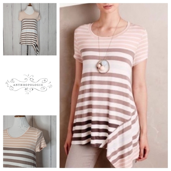 Little Yellow Button‎ Asymmetrical Stripe Tunic Top Women M Peach Brown White - Picture 1 of 8